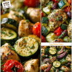 Sheet pan filled with Mediterranean chicken and zucchini for a Healthy Dinner Bake.